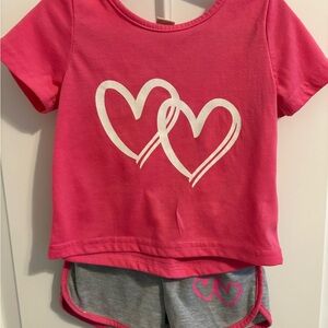 Pink Heart Graphic Tee and Gray Shorts Set